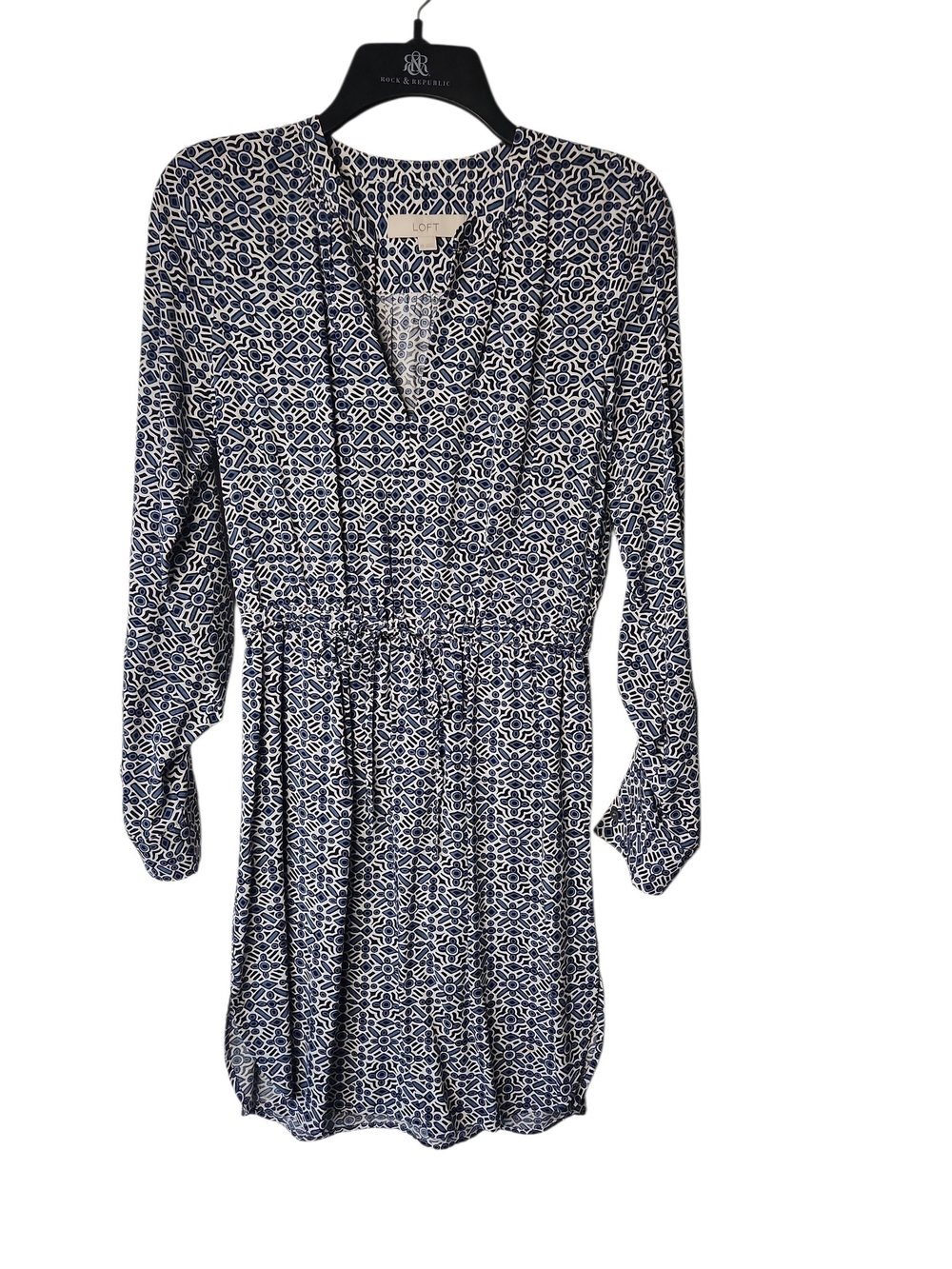Ann Taylor LOFT Blue & White Classic Mosaic Printed Shirtdress Size XS
